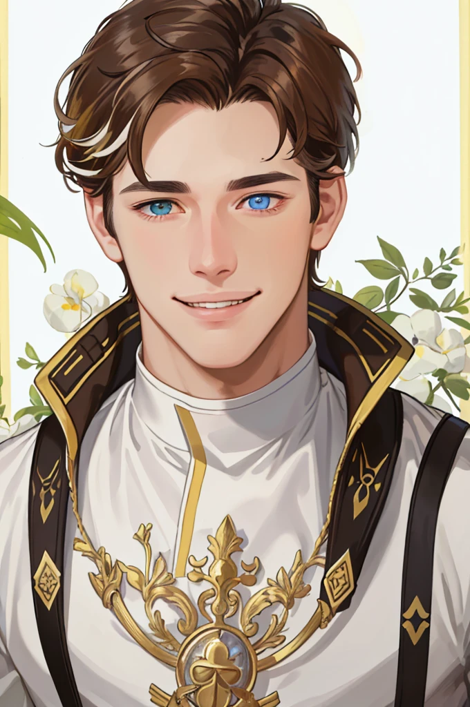 masterpiece, best quality, realistic, 1man, mature man, muscular tall, handsome, smile, closed mouth, portrait, extremely detailed face, (short hair), (brown hair), (heterochromia in eyes)