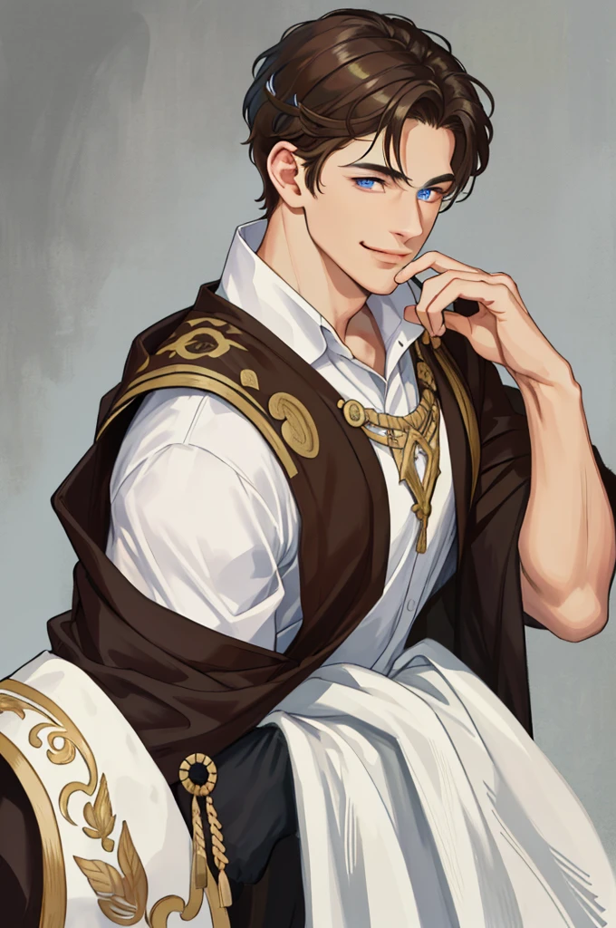masterpiece, best quality, realistic, 1man, mature man, muscular tall, handsome, smile, closed mouth, portrait, extremely detailed face, (short hair), (brown hair), (heterochromia in eyes)