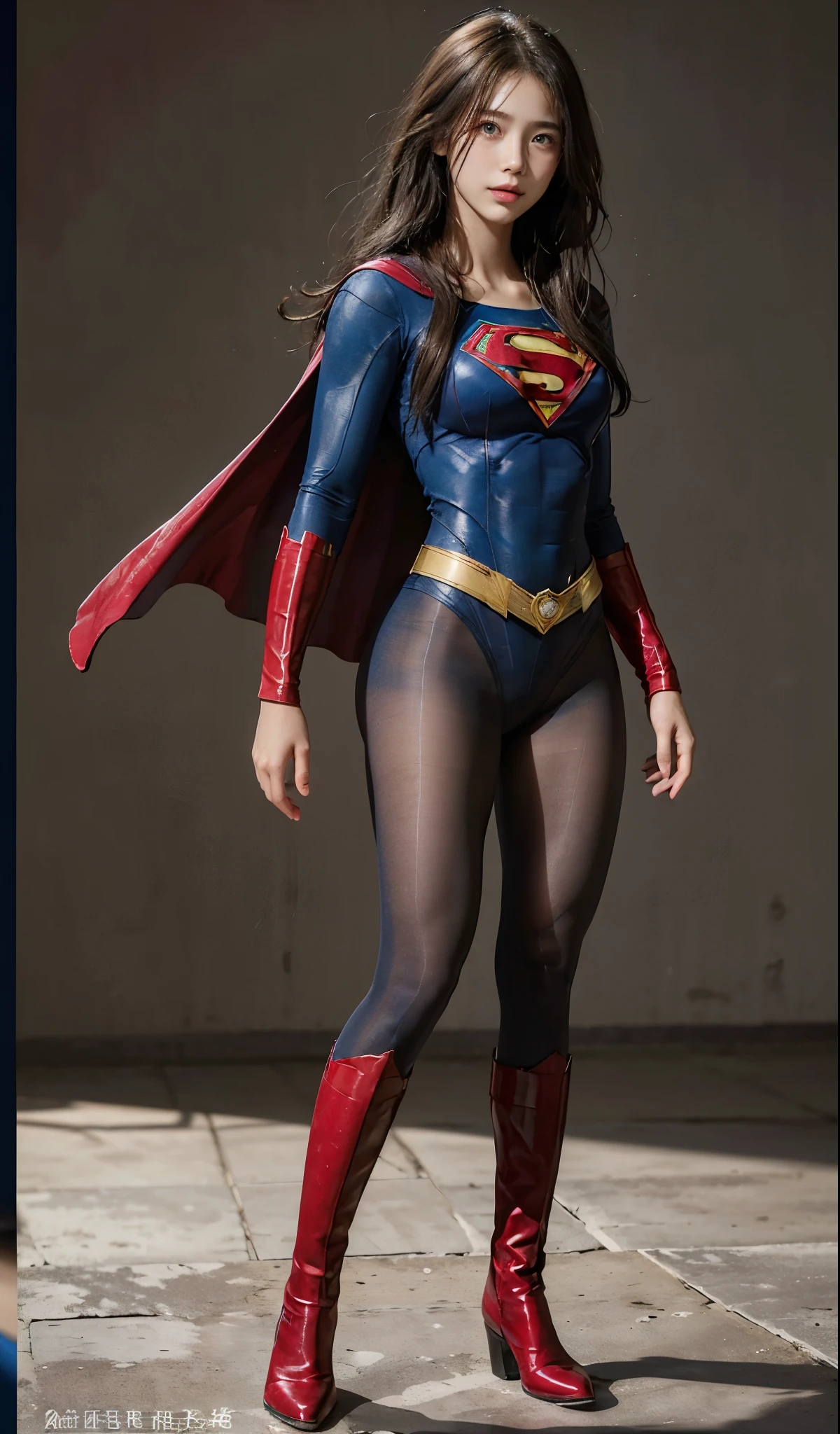 No background、(((Beautiful legs in black tights.)))、(((Legally express the beauty of your smile)))、((((Make the most of your original images)))、(((Supergirl Costume)))、(((Beautiful Hair)))、(((suffering)))、(((Please wear black tights....、Wear red boots)))、((Best image quality、8k))、((highest quality、8k、masterpiece:1.3))、(((Preserve background )))、Sharp focus:1.2、Beautiful woman with perfect figure:1.4、Slim Abs:1.2、Wet body:1.5、Highly detailed face and skin texture、8k