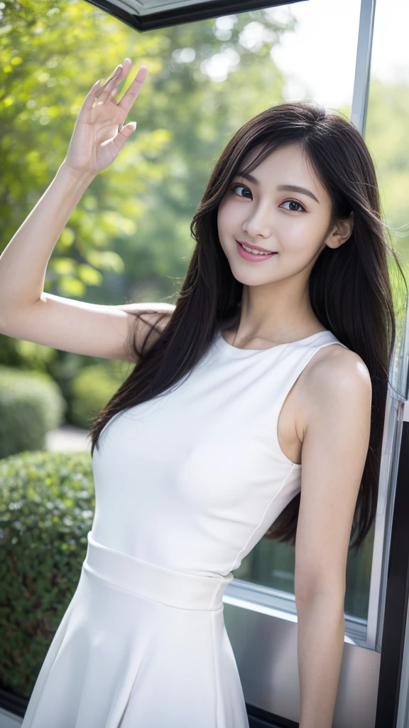 Masterpiece, photorealistic, best quality, Ray tracing, hdr, volumetric lighting, , long straight black hair, bangs, bright realistic eyes, (round eyes:1.2), (single eyelid:1.2), black eyes, (round face:0.8), (small face:1.4), (vampire teeth:0.8), (no makeup:1.2), (white sleeveless_dress with microskirt), (leggings), (thin waist), (huge saggy breasts:1.2), (wall-eyed boobs), (breasts separated), break, Shooting from outside the house, bust-up shot, She Leans her upper body out of the small window, (waving both hands and calling towards the outside), (beautiful laugh),