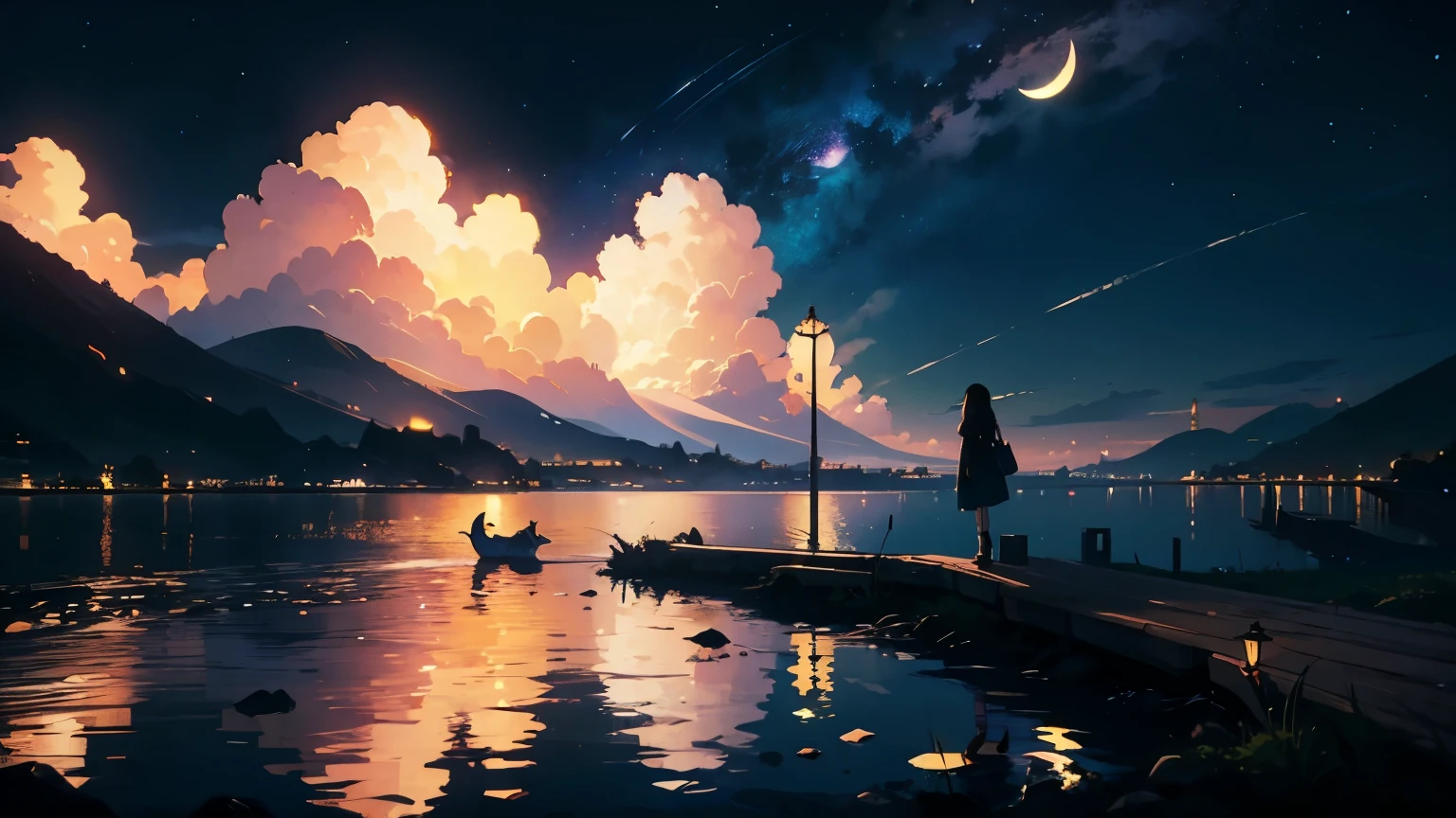 High quality masterpiece, landscape, There is a grand piano。The piano is made of old wood.、An appearance that evokes a long history。There is no one。The cat is sleeping。Crescent Moon,A moonlit night of silence、Crescent Moonが銀colorの光を柔らかく地上に投げかける。The night sky is cloudless、With the stars twinkling、The moonlight has an overwhelming presence。ピアノの下にはThe cat is sleeping、 Pixiv, Concept Art, Lofi Art style, reflection. by makoto shinkai, Lofi Art, Beautiful anime scene, break Anime landscape, detailedなlandscape —幅672, in Makoto Shinkai&#39;s Style, Makoto Shinkai&#39;s Style, 強化されたdetailed, break,detailed,Realistic,Highly detailed digital art in 4K,Octane Rendering, Bioluminescent, break 8K resolution Concept Art, realism,By Mappa Studio,masterpiece,highest quality,Official Art,figure,Clear lines,(nice_color),Perfect composition,Absurd, Fantasy,Concentrated,Three-part method