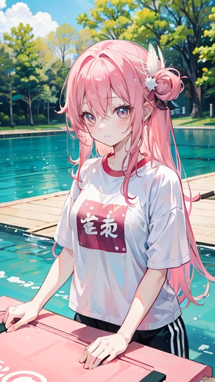 Coral pink hair,Long hair,hair over one eye,Gray eyes,feather hair ornament,cute,Girl,Laughing expression,,Happy and happy expression,White shirt,Japan gym clothes,Sit or stand on a swimming ring,whole body,Don't show your arms,A pond in the forest in the background,Blue sky and white clouds