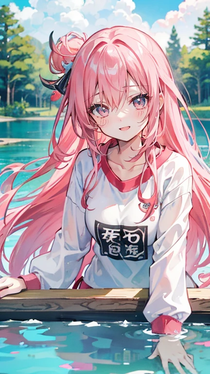 Coral pink hair，Long hair，hair over one eye，Gray eyes，feather hair ornament，cute，Girl，Laughing expression，，Happy and happy expression，White shirt，Japan gym clothes，Sit or stand on a swimming ring，whole body，Don't show your arms，A pond in the forest in the background，Blue sky and white clouds
