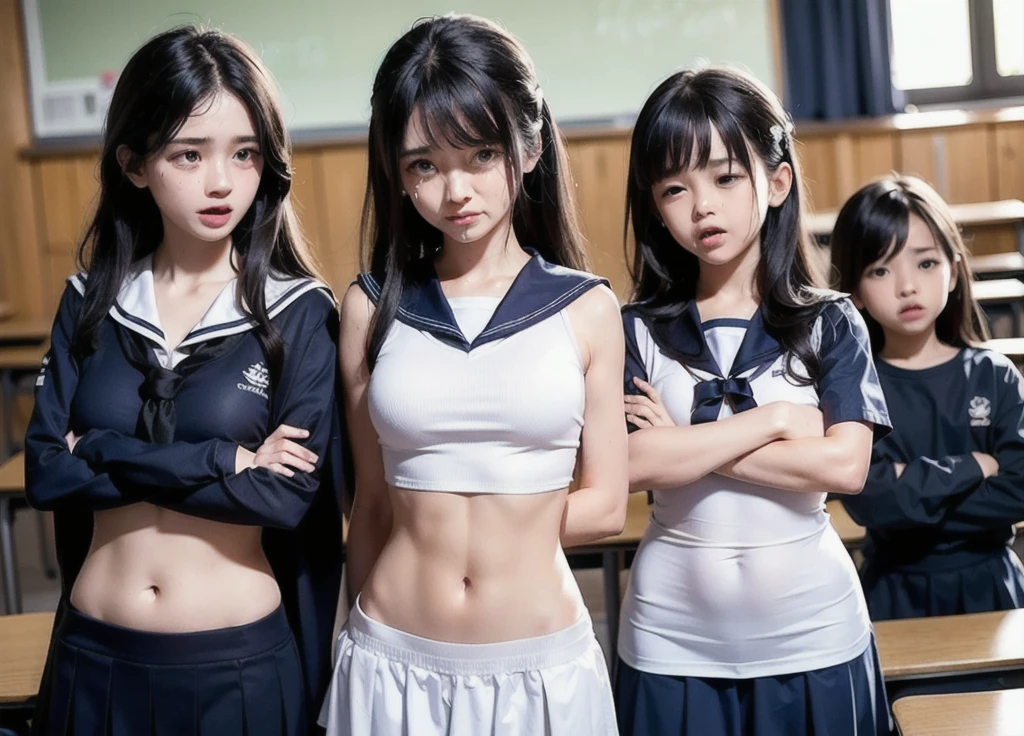 (Three Woman in front of classroom), 9 years-old 15 years-old and 21 years-old, ((white crop top sailor suit)), blue student skirts, open navel, open belly, (show abdomen area), ((((arms crossed over chest)))), (((crying))), standing , (ready for punishment), (long shot)