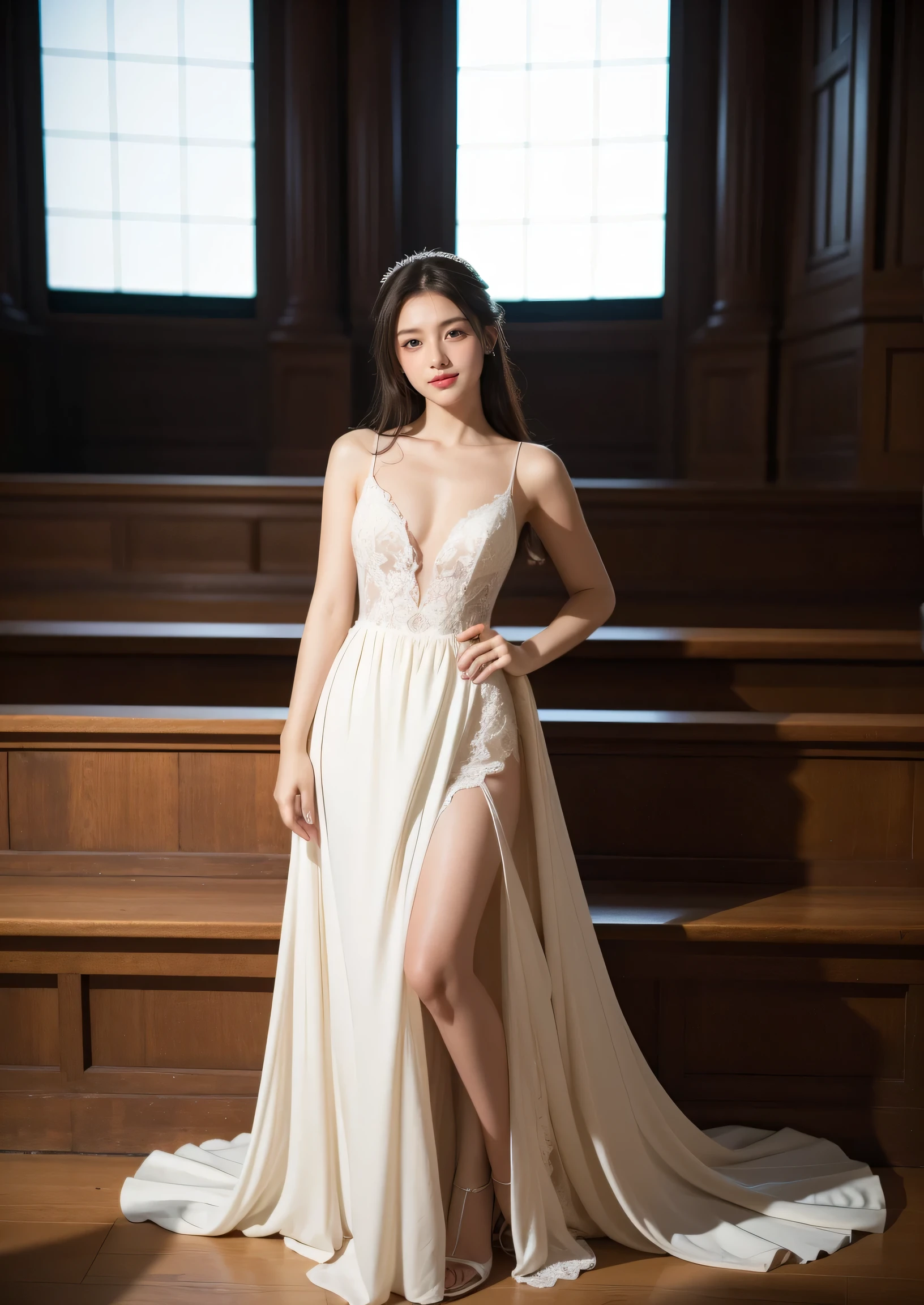 Beautiful 17 year old  woman。She is wearing a wedding dress. She is smiling on illuminated by the evening church lights . romantic sunset. her dark brown hair. High resolution、masterpiece、highest quality、頭w:1.0、((Hasselblad Photos))、fine skin、(movie lighting)、clavicle . full body picture.