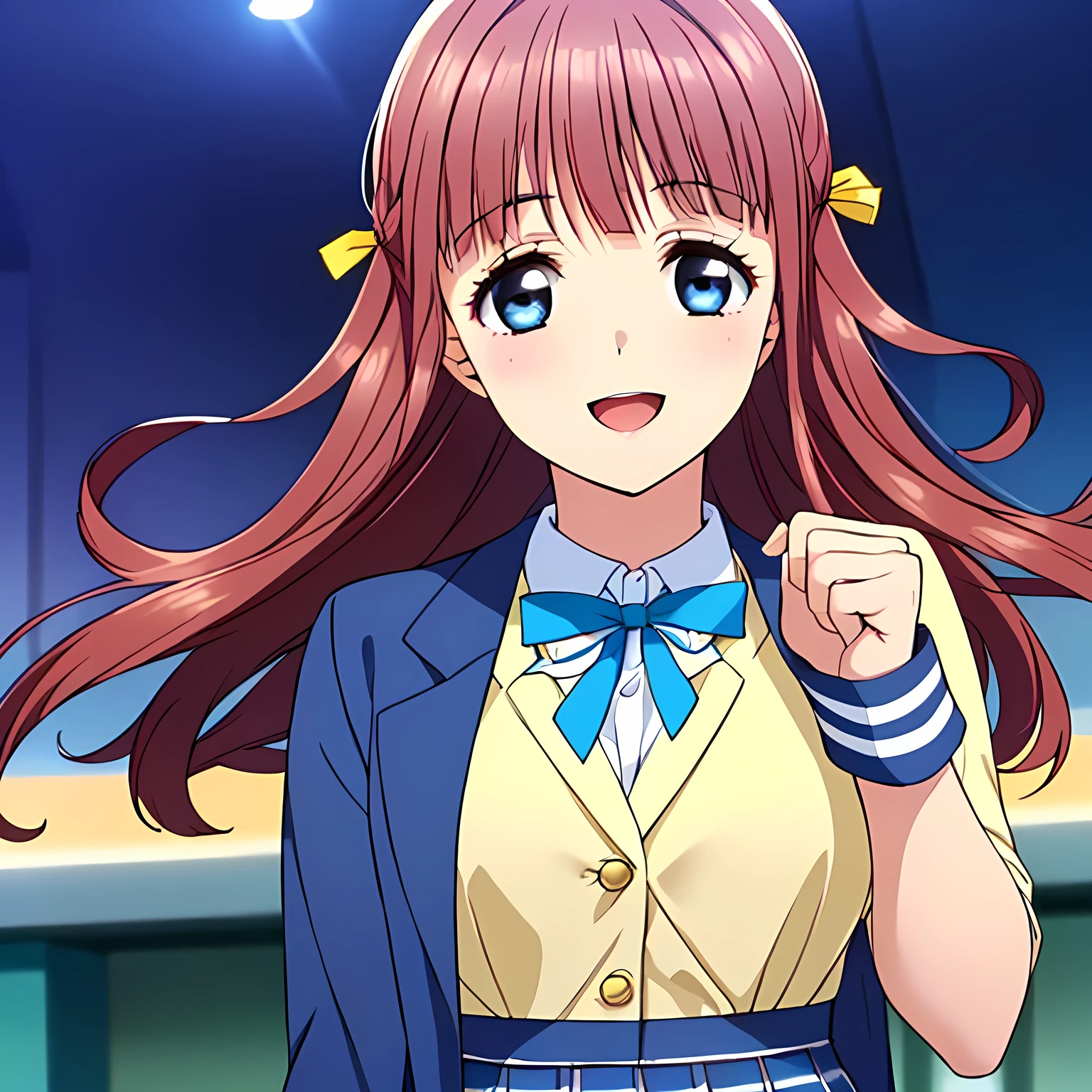 highest quality, (masterpiece:1.2), Very detailed, Game CG, ((((Very beautiful school uniform１Close-up shot of a girl)))), ((The girl everyone loves)), (((Very beautiful pink hair))), (((Navy blue blazer))), ((Dark navy blue checked long skirt)), ((((Very beautiful and shining eyes)))), ((Very long eyelashes)), A large crimson ribbon on the chest, ((An elegant expression like a noble princess)), (((A beautiful and enchanting smile))), Small face and great posture, ((Give the viewer a heavenly feeling of happiness)), (((Blur the background))), ((Very intelligent face)), ((Anime heroine smiling and open mouth)), ((I really want to kiss you))