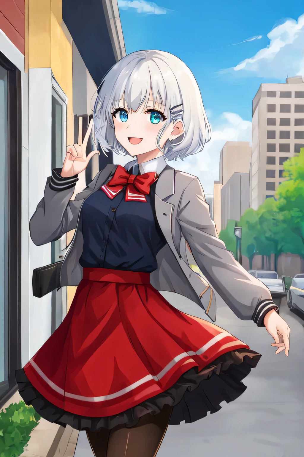 score_9, score_8_up, score_7_up, source_anime,
siesta, siesta, short hair, bangs, blue eyes, hair ornament, white hair, hairclip, smile,
dress, bow, bowtie, red bow, red bowtie, shirt, long sleeves, jacket, pantyhose, frills, shoes, grey jacket, open clothes, black shirt,
outdoors, cityscape,
looking at viewer, cowboy shot, dynamic pose,