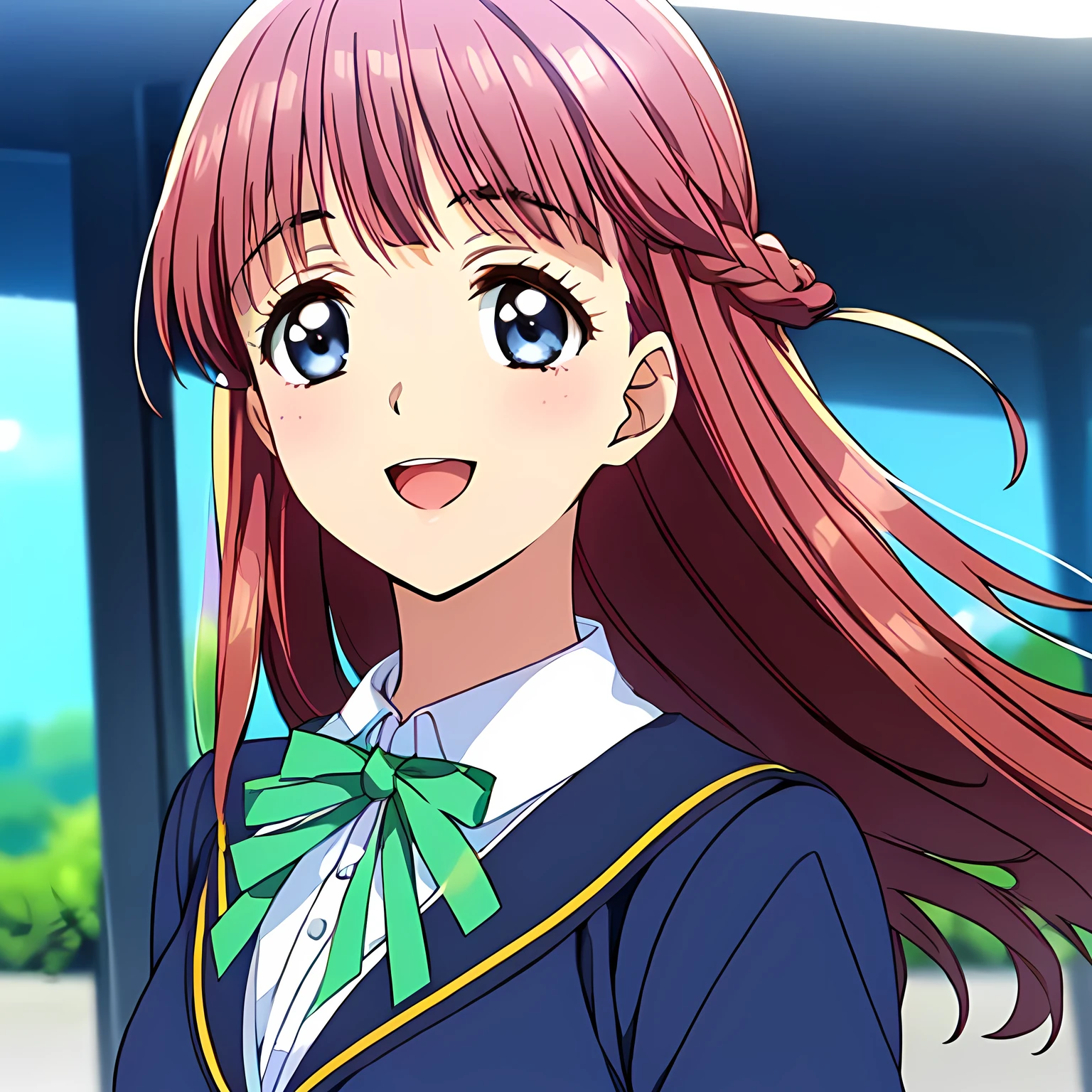 highest quality, (masterpiece:1.2), Very detailed, Game CG, ((((Very beautiful school uniform1Close-up shot of a girl)))), ((The girl everyone loves)), (((Very beautiful pink hair))), (((Navy blue blazer))), ((Dark navy blue checked long skirt)), ((((Very beautiful and shining eyes)))), ((Very long eyelashes)), A large crimson ribbon on the chest, ((An elegant expression like a noble princess)), (((A beautiful and enchanting smile))), Small face and great posture, ((Give the viewer a heavenly feeling of happiness)), (((Blur the background))), ((Very intelligent face)), ((Anime heroine smiling and open mouth)), ((I really want to kiss you))
