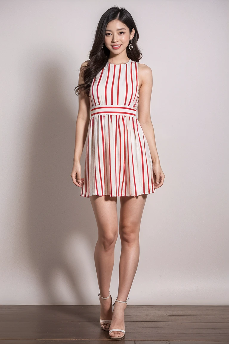 highest quality, masterpiece, Realistic, High resolution, 8K Raw Photos,alone, 1 girl, Medium Long Hair、30 years old、(red and white striped dress)、Attractive appearance、Cheeky Pose,(((Full Body Shot)))、Thick thighs、smile、High heels、