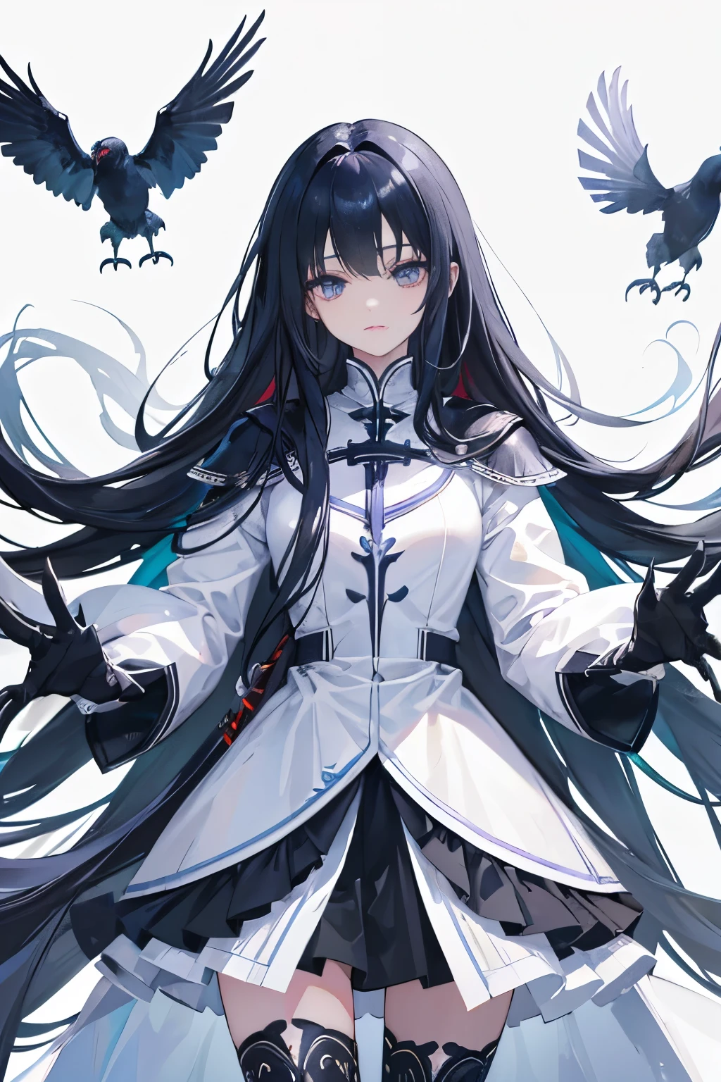 girl,Long Black Hair, The inside of the hair is blue、Iris,White coat,uniform、masterpiece, highest quality, Super detailed, Downcast eyes,Tabletop, highest quality), (Perfect athletic body:1.2),8K High Resolution, Trend Art Station, White Background, Standing in the Wilderness,whole body、Crow-shaped gauntlets
