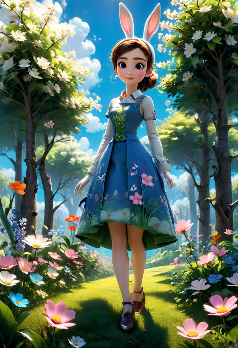 A cute bunny in the grass, spring flowers and trees, blue sky, bright colors, 8k, UHD professional 3d model, anime artwork pixar, 3d style, good shine, OC rendering, volumetric, dramatic lighting, (masterpiece, best quality, Professional, perfect composition, very aesthetic, absurdres, ultra-detailed, intricate details:1.3)