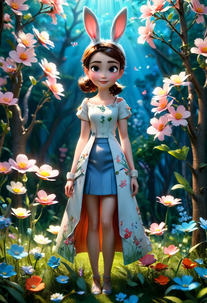 A cute bunny in the grass, spring flowers and trees, blue sky, bright colors, 8k, UHD professional 3d model, anime artwork pixar, 3d style, good shine, OC rendering, volumetric, dramatic lighting, (masterpiece, best quality, Professional, perfect composition, very aesthetic, absurdres, ultra-detailed, intricate details:1.3)