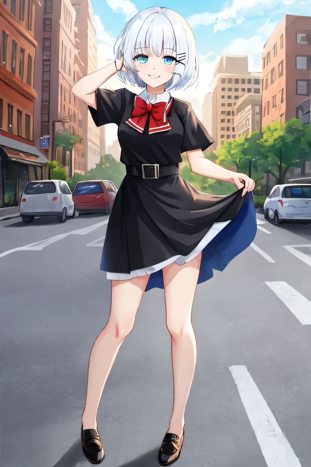 siesta, short hair, bangs, blue eyes, hair ornament, white hair, smile,
dress, red bow, red bowtie,short shirt,short sleeves, jacket, , full body, shoes, black jacket,
outdoors, cityscape,looking at viewer, lift shirt up