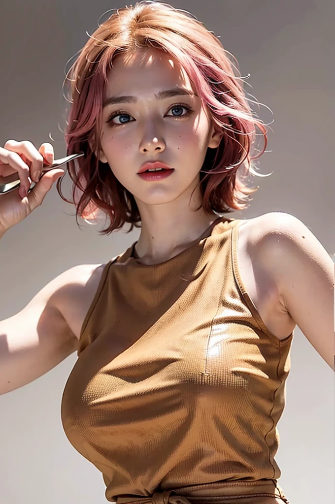(Ultra Real), (Illustration), (High Definition), (8K), (Very Detailed), (Best Illustration), (Beautiful Detailed Eyes), (Best Quality), (Ultra Detailed), (Masterpiece), (Wallpaper), (Detailed Face), Droopy Eyes,Sweat,Upper Body Up, in Armpits,Short Hair,Pink Hair,Simple White Tank Top Girl, Japan Person, Huge, (Camel Toe)