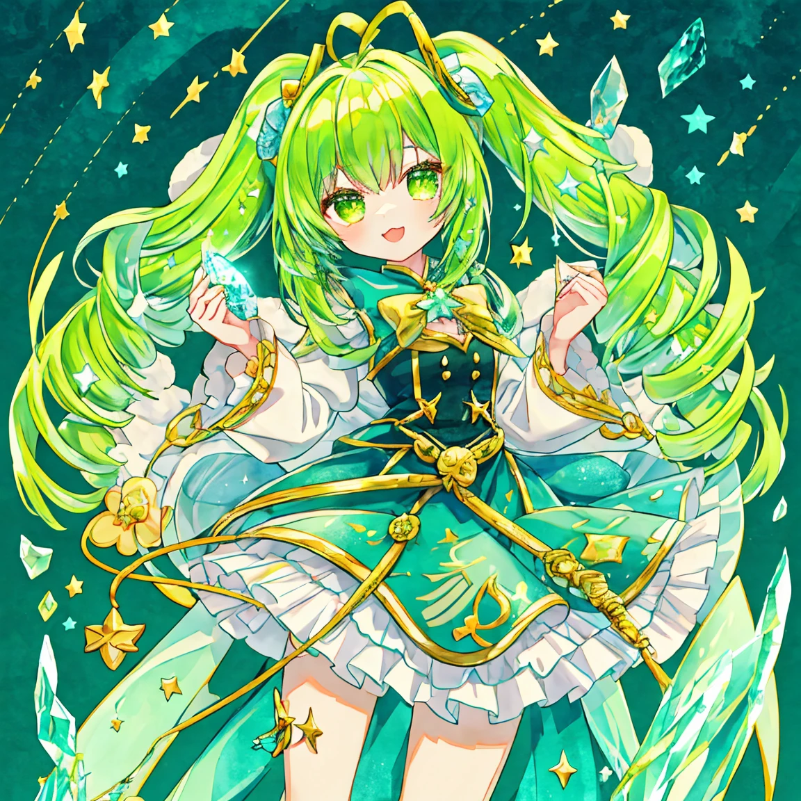 (masterpiece, highest quality), cute***, (cute:1.1), , Twin tails, Yellow-green hair,Magical girl,fortune teller, Fluffy Dress, Sparkling eyes, Have a magic cane, Shining Background, Cowboy Shot, in,Star motif,Starry Sky,Crystal Jade,