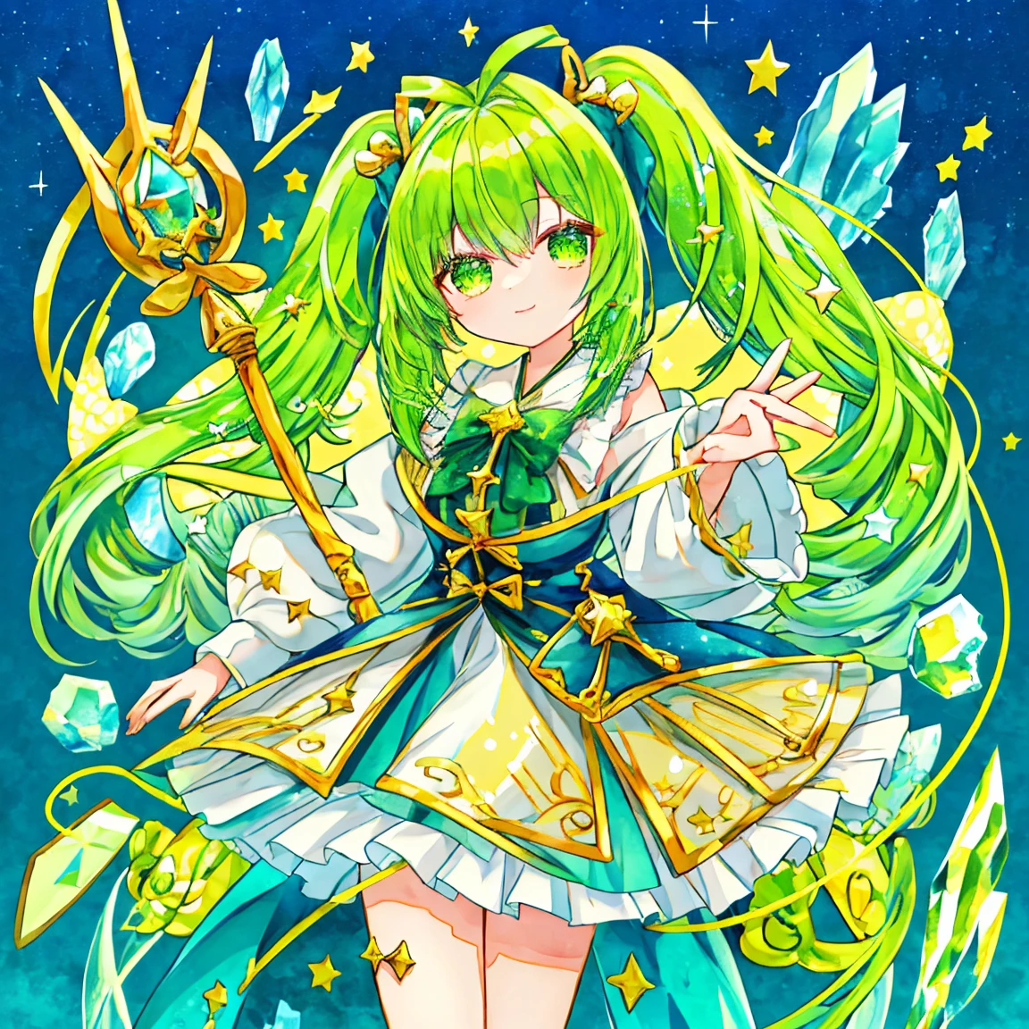 (masterpiece, highest quality), cute女の子, (cute:1.1), , Twin tails, Yellow-green hair,Magical girl,fortune teller, Fluffy Dress, Sparkling eyes, Have a magic cane, Shining Background, Cowboy Shot, in,Star motif,Starry Sky,Crystal Jade,