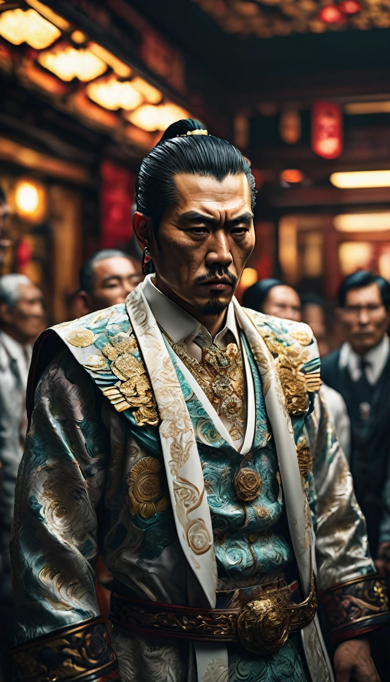 A Yakuza initiation ceremony with members standing in a line, detail, shot, dramatic, daylight, indoor studio lights, medium shot , highly detailed, vibrant, detailed textures, medium shot, ultrawide, full length shot, realistic, bright, ultrarealistic, realistic focus face, bright scene, city, 8k ,hyper realistic, ultra detailed hyper realistic, photorealistic, Studio Lighting, reflections, Cinematic, historical accuracy, Color Grading, Photography, Shot on 50mm lens, Depth of Field, hyper-detailed, beautifully color, 8k