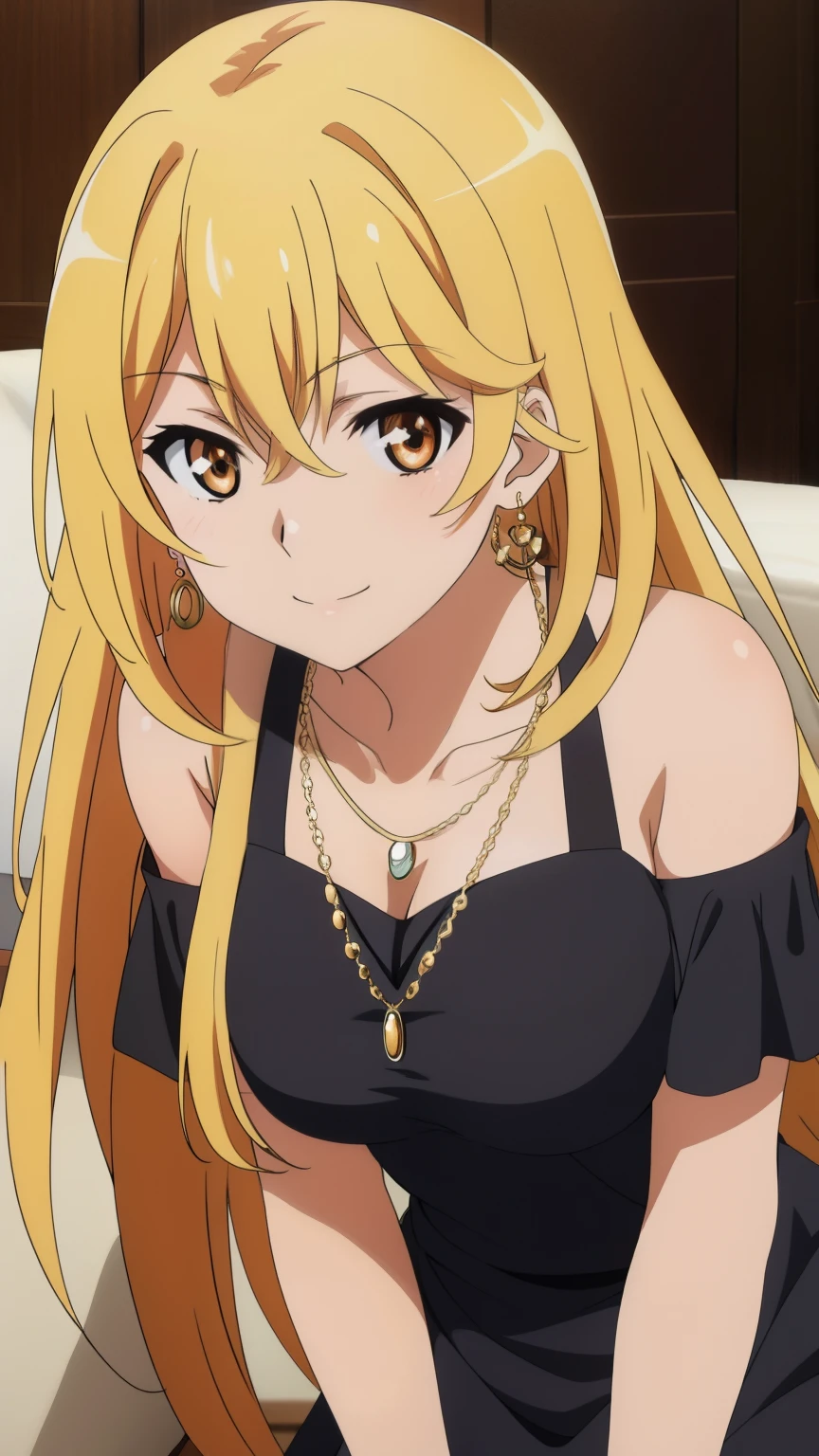 (highest quality, High resolution, 8k, masterpiece: 1.2), Very detailed, Anime art style, Misaki Shokuhou, orange eyes, Beautiful character design, Perfect eyes, Perfect face, Expressive eyes, Perfect balance, smile, blonde, Long Hair, Large midchest, (black キャバクラdress, dress,Expose,Earrings,necklace,sofa,hole), looking at the camera, Dynamic pose, Dynamic Angle, The gaze camera focuses on the center of the image,