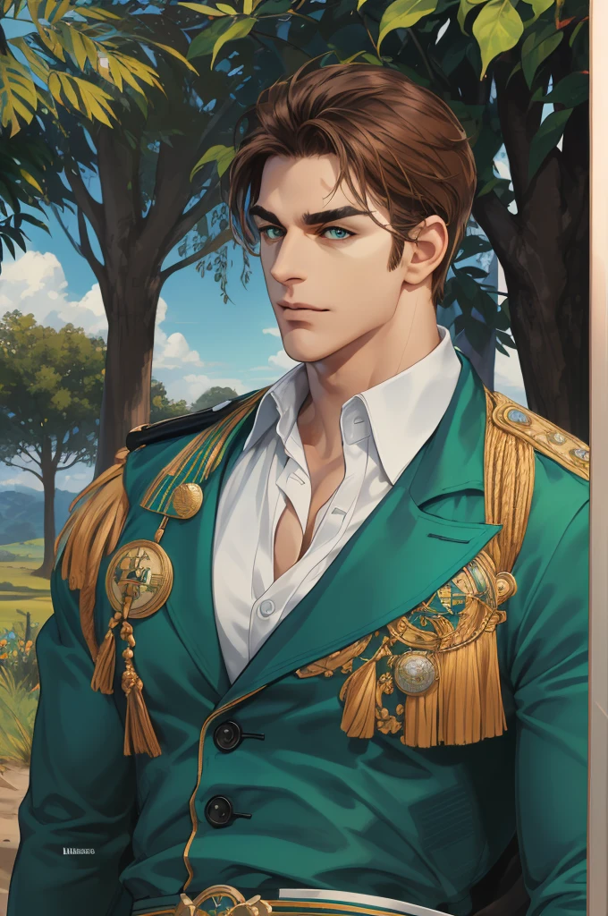 (absurdres, highres, ultra detailed), (1 male, solo, adult, mature, aged up, tall muscular guy, broad shoulders, handsome), wavy brown hair, green eyes, (angular jaw, thick neck, thick eyebrows), BREAK, forest, fantasy, Uniform, extremely detailed face, upper body,