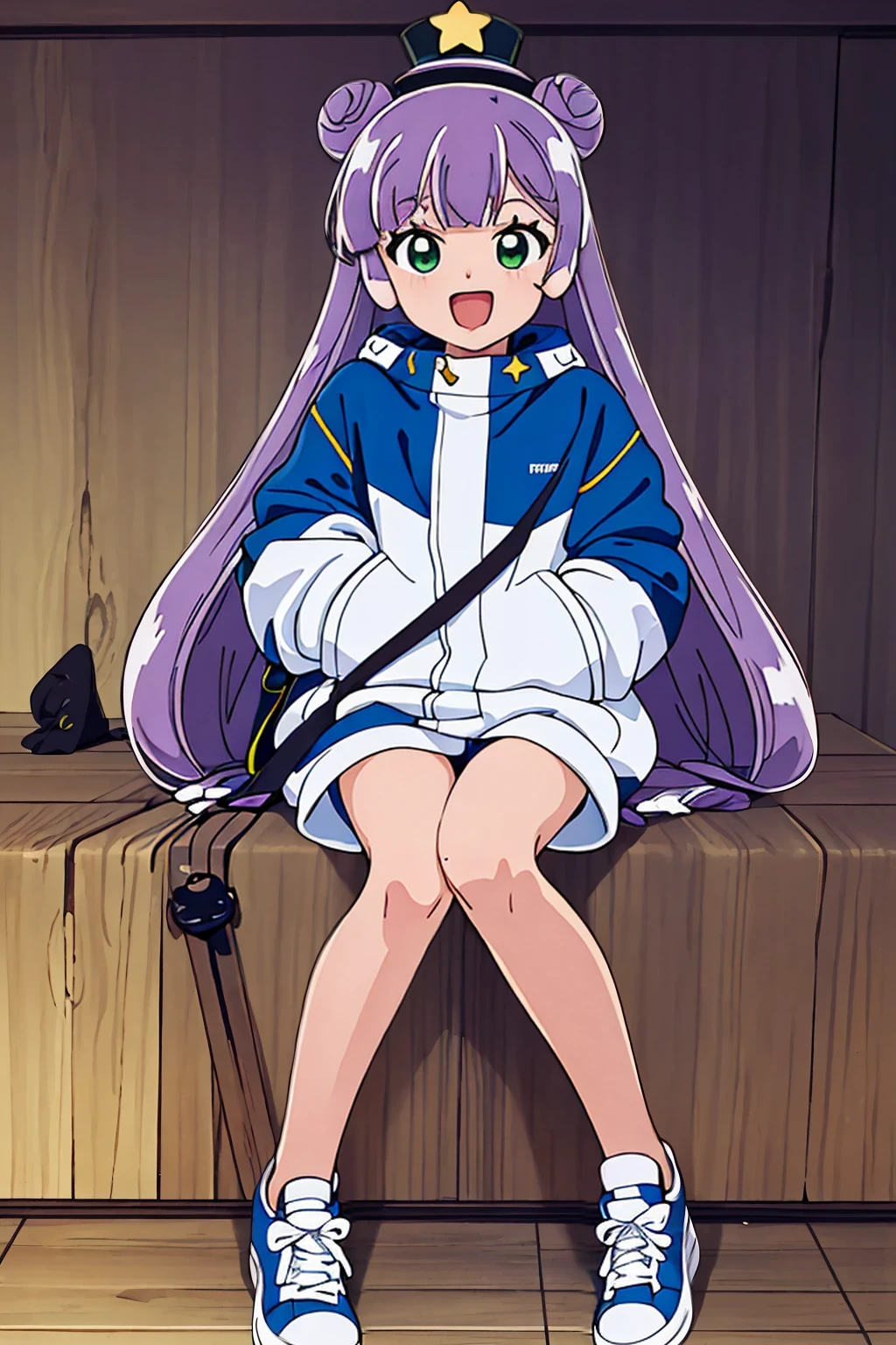 (masterpiece:1.3),(highest quality:1.4),(Super detailed:1.5),High resolution,an extremely delicate and beautiful,Official Art,Perfect Anatomy,anime screencap,anime coloring,8K,((solo:1.52)),
1990s \(style\),retro artstyle,anmnr,
((puniru:1.52)),slime girl,light purple hair,long hair,grey gradient hair,multicolored hair,blunt bangs,double bun,blue hair,green eyes,star (symbol),mini top hat,jacket,shorts,sneakers,shoulder bag,1girl,solo,:d,looking_at_viewer,