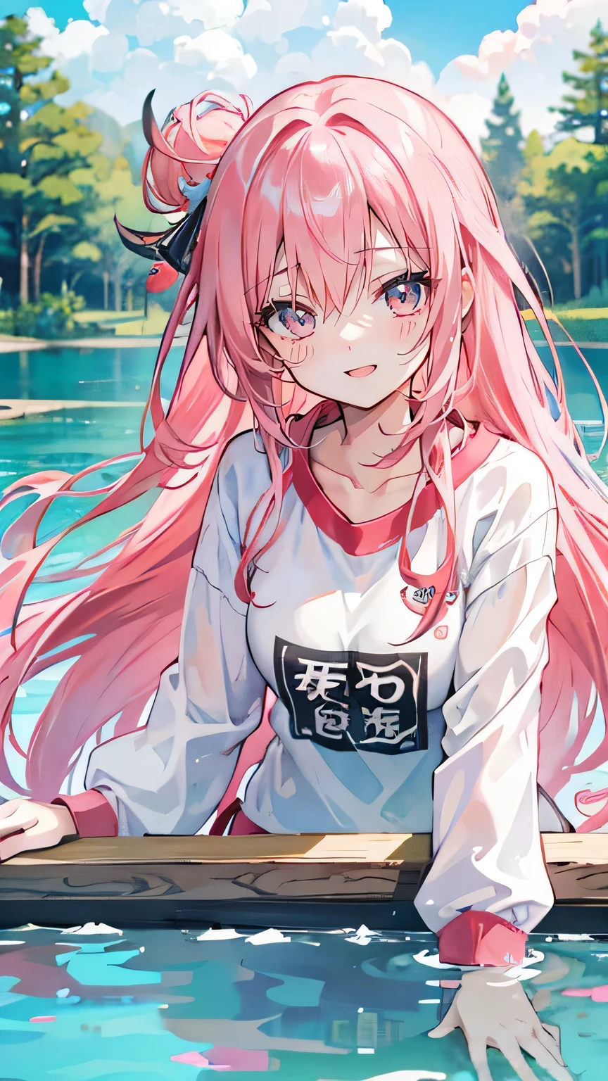 Coral pink hair,Long hair,hair over one eye,Gray eyes,feather hair ornament,cute,Girl,Laughing expression,,Happy and happy expression,White shirt,Japan gym clothes,Sit or stand on a swimming ring,whole body,Don't show your arms,A pond in the forest in the background,Blue sky and white clouds