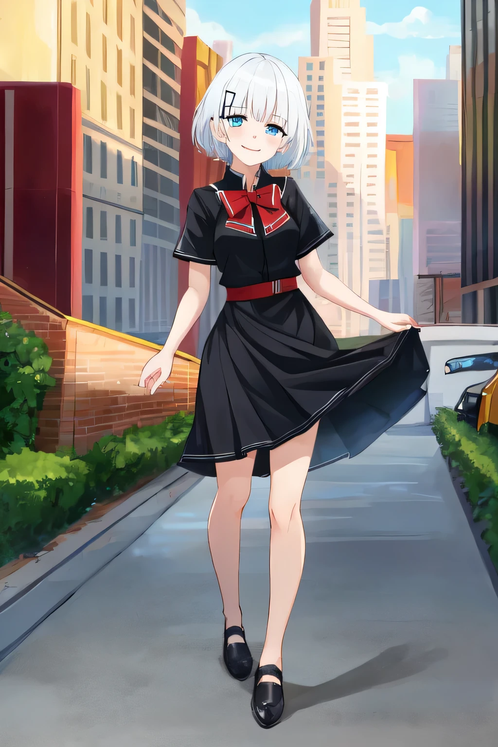  siesta, short hair, bangs, blue eyes, hair ornament, white hair, smile,
dress, red bow, red bowtie,short shirt,short sleeves, jacket, , full body, shoes, black jacket,
outdoors, cityscape,looking at viewer, lift shirt up