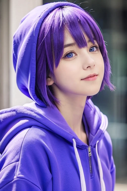 Purple Hair、Short Bob Hair、Wearing a blue hoodie、Cute eyes、Adorable