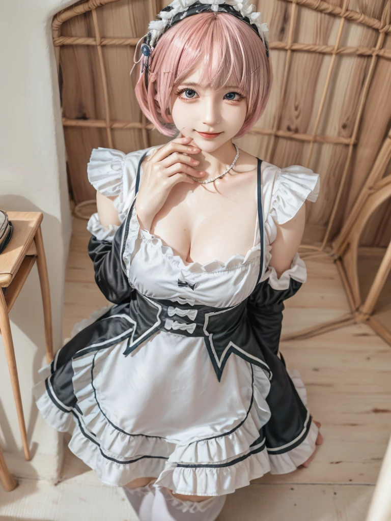 Accurate depiction with high resolution,(8K, Photorealistic, Raw photo, of the highest quality: 1.3), (1girl in), Super beautiful, (Realistic face), (boyish, pink Color Berry Shorthair), Beautiful , Glare that captivates the viewer, Beautiful expression, Beautiful breasts, (Realistic skin), Be...Create a detailed and colorful image of Ram and Rem from Re:Zero, standing back-to-back in their maid outfits, with a magical fantasy background、14years old, two girls,cute, perfect face, beautiful, nice body, gothic lolita clothes, gothic lolita fashion, frilly skirt, headdress, necklace, bracelet, knee-high socks, boots, double eyelids, tear bags, Detailed down to the fingers, photo-like description, indoors, dim indoor lighting, one girl is pink hair and short bob, another girl is light blue hair and short bob,standing,whole body, composition that shows the whole body, smiling,The Both of them are wearing the same type of maid outfit,Optimal ratio of 4 fingers and 1 thumb