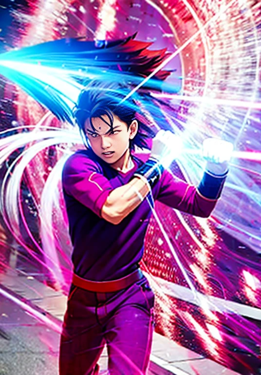 A boy of 18 years old making a gravity force attack, red and purple gravity lines in his fist, street warrior, ultra beautiful, ultra detailed, special light effects, 4k UHD, PHOTO REALISTIC