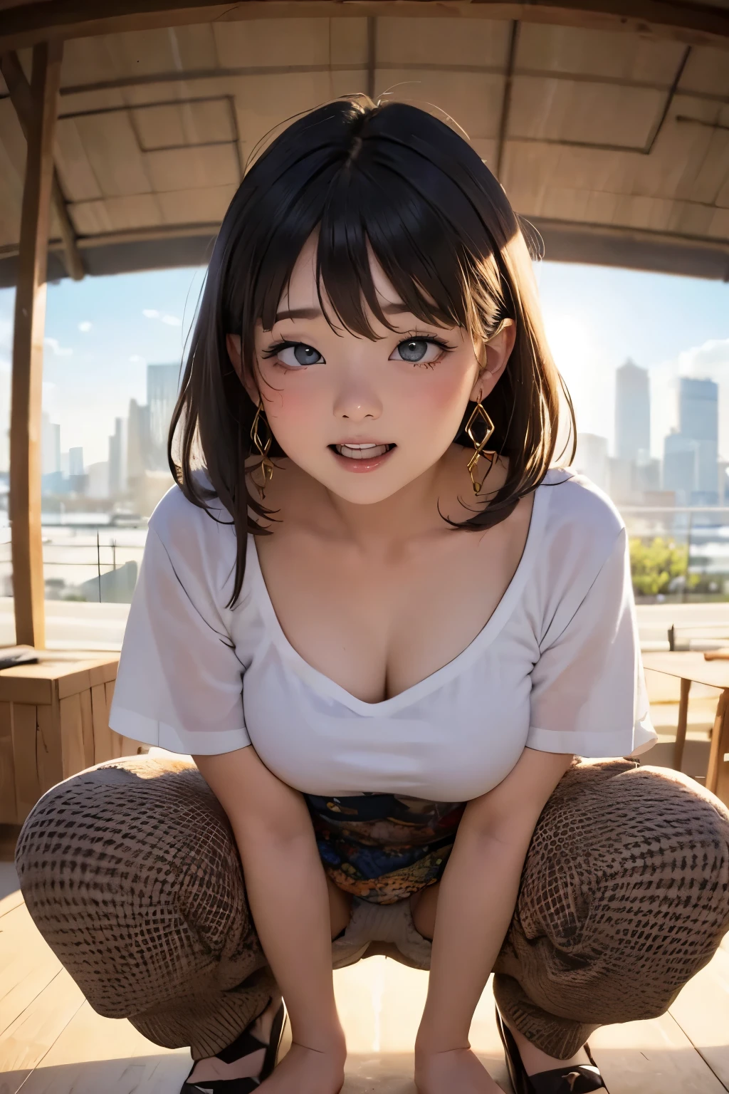 high-definition image, (((round face))), eyes realistic sizing, realistic skin, drooping eyes, smiling, ((ecstasy face when she doing self pleasure by touching breasts with her hands (from over clothes))), ((various patterned feminine casual long dress, squatting, spread legs)), (strong sunlight, old fashion), skyscrapers, tiny earrings,