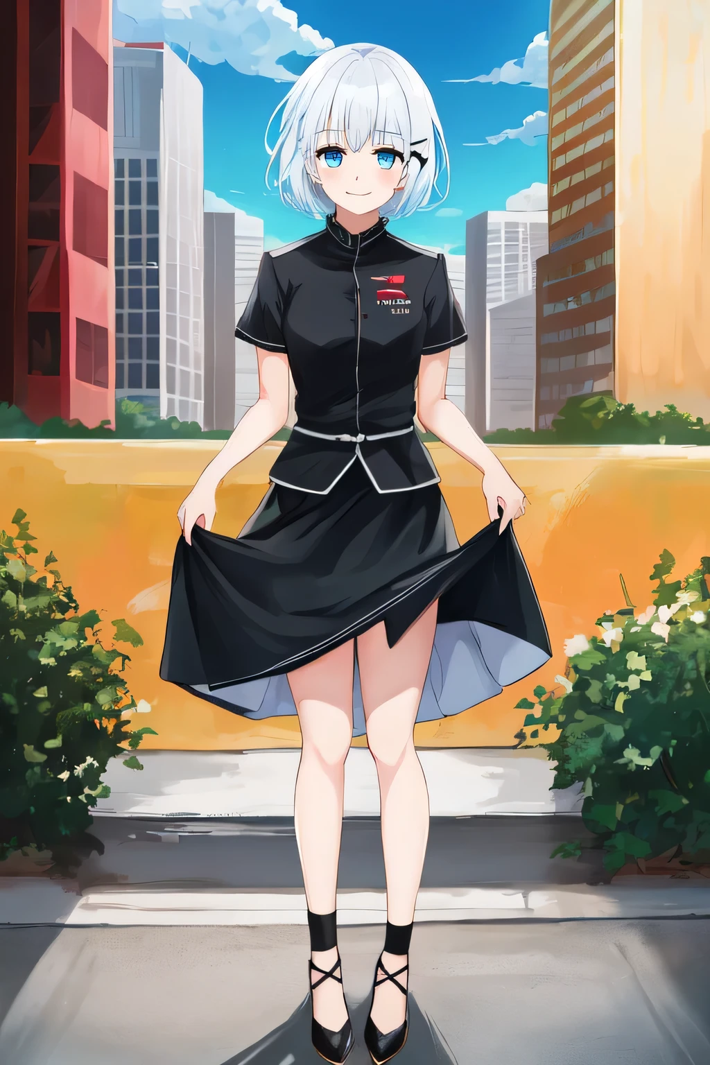 siesta,1girl, short hair, bangs, blue eyes, hair ornament, white hair, smile,short shirt, short sleeves, black skirt , full body, shoes, black jacket, outdoors, cityscape, looking at viewer, lift skirt, show from down to up