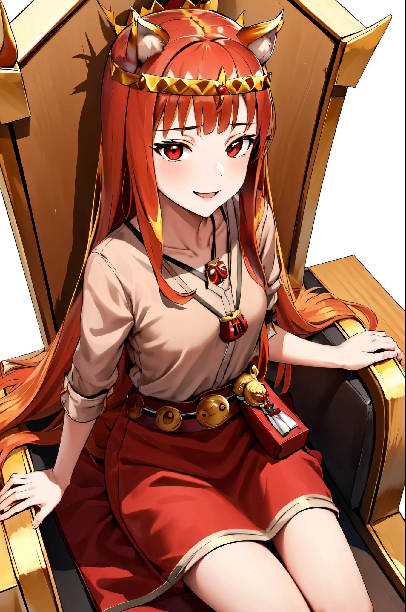 1girl, long hair, brown hair, animal ears, red eyes, (wolf tail), (crown:1.35), necklace, sash, pouch, smile, (sitting on the golden throne:1.35), (The background is a luxurious rich royal palace), panorama, from above, Wide-Angle, masterpiece, best quality, highres