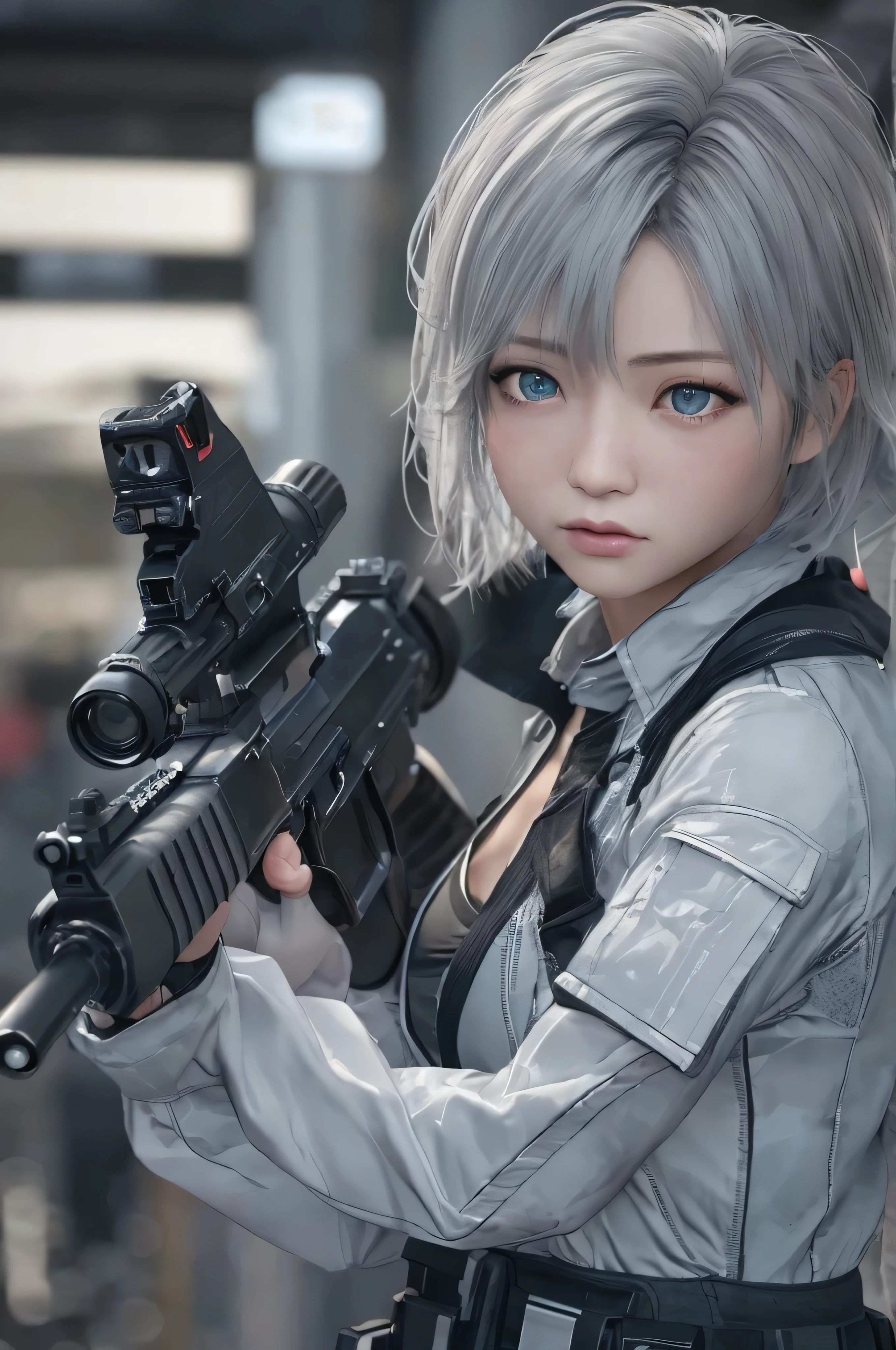 (RAW quality:1.4), 3D, Realistic, highest quality:1.3, High resolution, 1 female, 16 years old, alone, sexy, Cleavage, Hip Up, Beautiful Blue Eyes, (Realistic Face), (boyish, Silver color very short hair), Tight light grey military bodysuit, Assault rifle, jewelry, Portraiture, (Assault rifleを持つ:1.4), Blurred Background, Shallow subject depth,