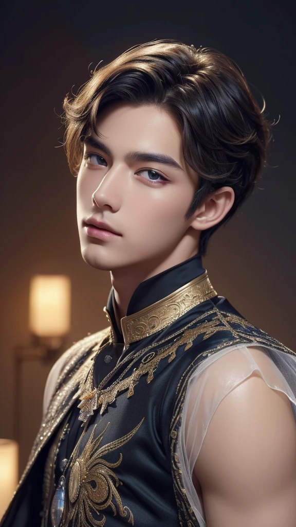 (masterpiece, top quality, best quality, official art, beautiful and aesthetic:1.2), boy, handsome, extreme detailed faces, (fractal art:1.3), colorful, highest detailed, (perfect face), shiny skin, HDR, cantarella, extremely detailed dress, detailed background