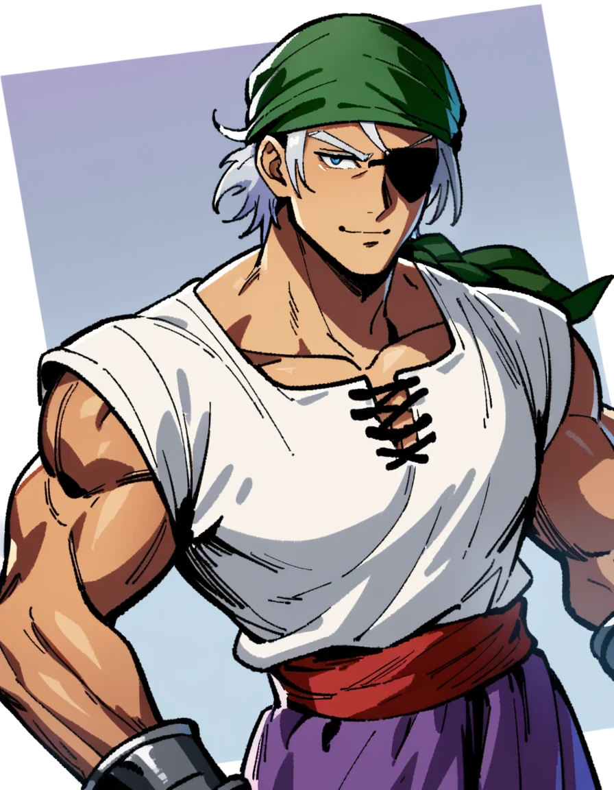 1man, muscular mature, pirate, green headscarf, gray hair, headscarf with asymmetrical bangs, blue 1eye, black eyepatch, short hair, tanned skin, tough, ordinary, forehead, asymmetrical medium bangs, BREAK solo, red waist cloth, purple arabian pants, white sleeveless shirt, loose fitting shirt, tented shirt, medieval, soft smile, in jrpg style, 1990s, masterpiece, best quality
