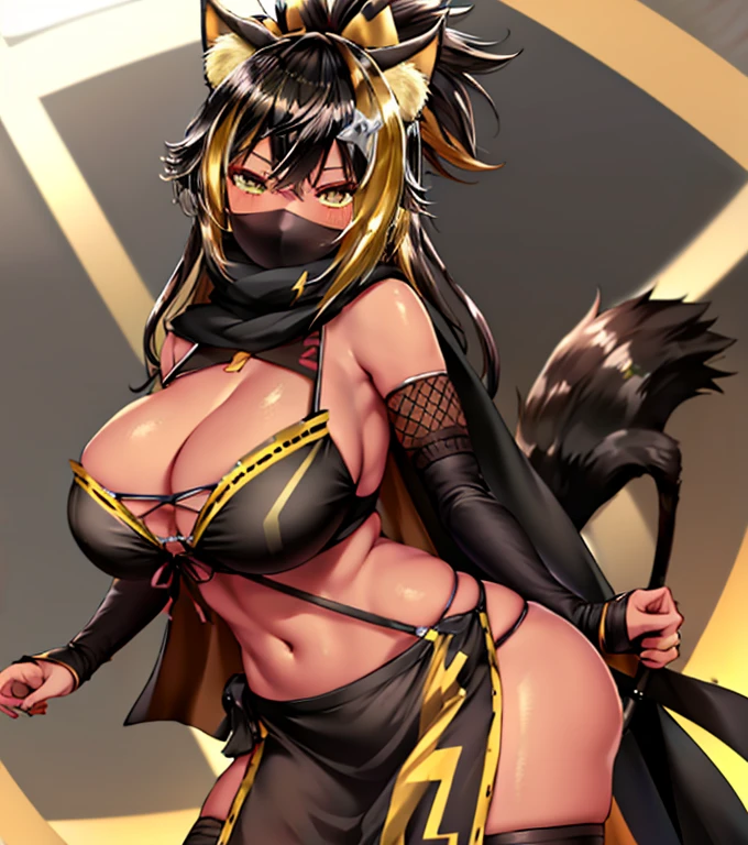 masterpiece, best quality, highres, hmnc1, animal ears, tail, shiny dark skin, huge breasts, clevage, multicolored hair, hair ornament, fishnets, bridal gauntlets, mouth mask, black scarf, ponytail, black thighhighs, elbow gloves, pelvic curtain, sash, cowboy shot, blush:1.5,