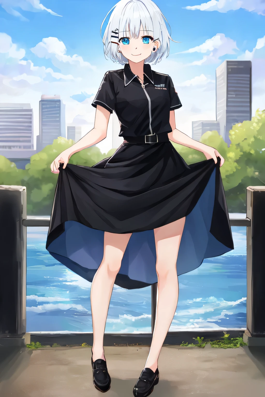 siesta,1girl, short hair, bangs, blue eyes, hair ornament, white hair, smile,short shirt, short sleeves, black skirt , full body, shoes, black jacket, outdoors, cityscape, looking at viewer, lift skirt, show from down to up