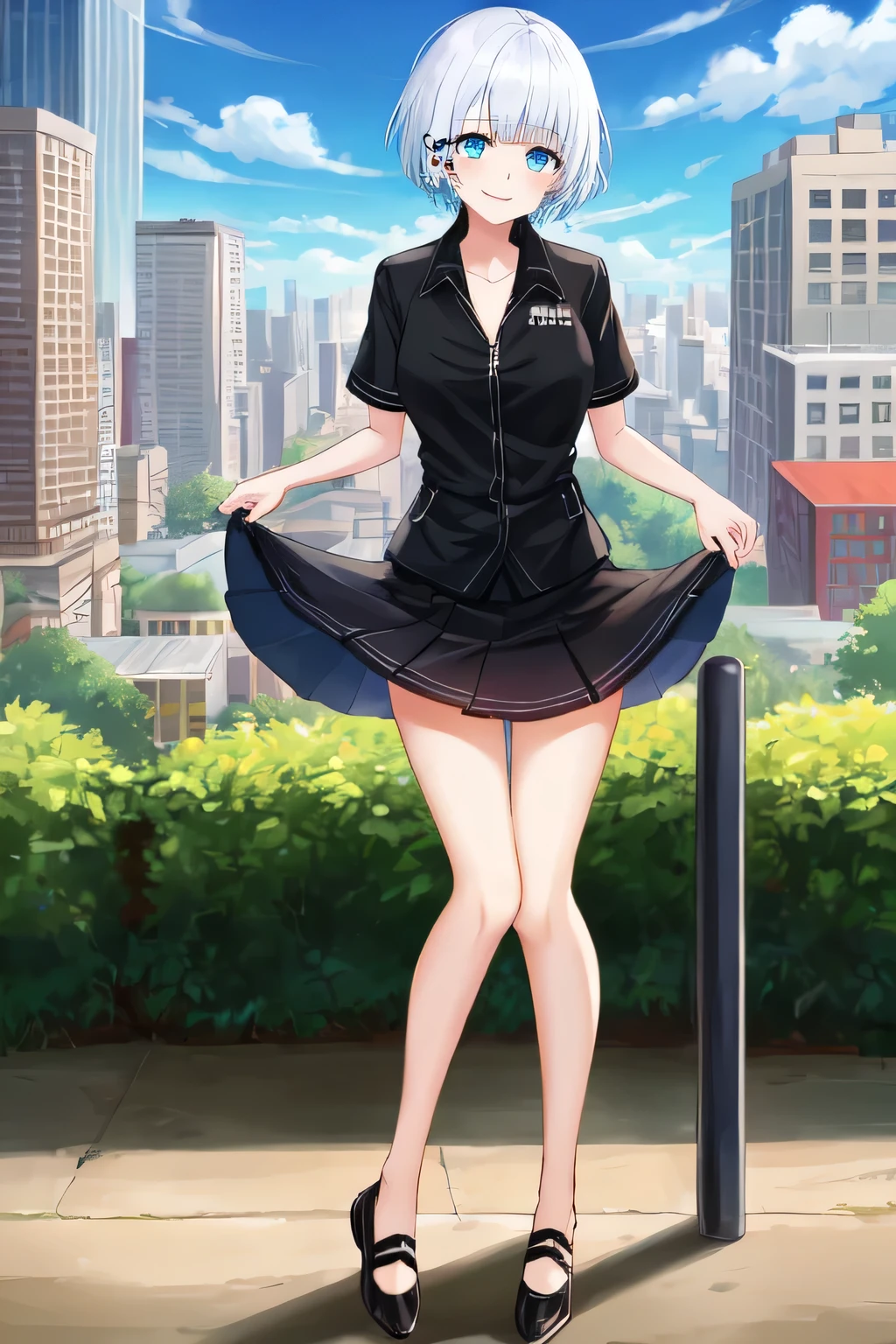  siesta,1girl, short hair, bangs, blue eyes, hair ornament, white hair, smile,short shirt, short sleeves, black skirt , full body, shoes, black jacket, outdoors, cityscape, looking at viewer, lift skirt, show from down to up