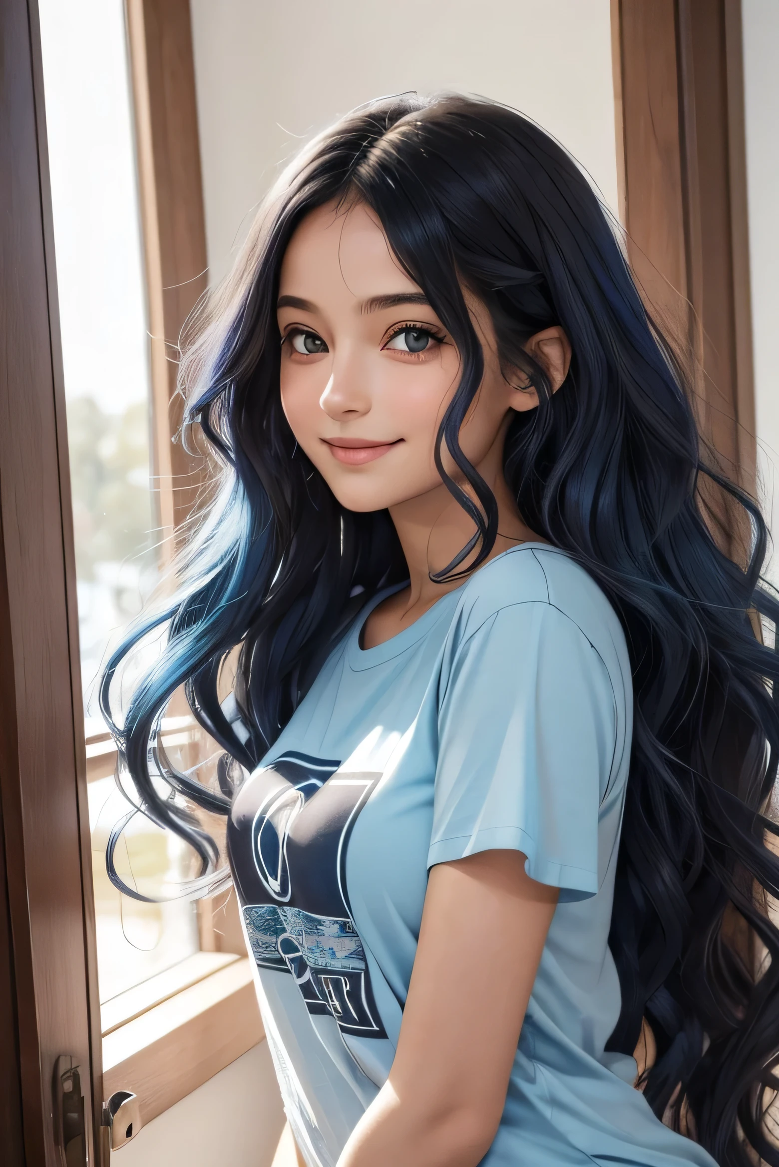 une jeune femme dans la vingtaine, with long wavy blue hair of a soft brown framing a delicate face. Ses grands yeux bleu. Her warm smile lights up her face and transmits positive energy. Nous voyons tout son corps. Elle a une jupe noire et un teeshirt. Elle fais du roller