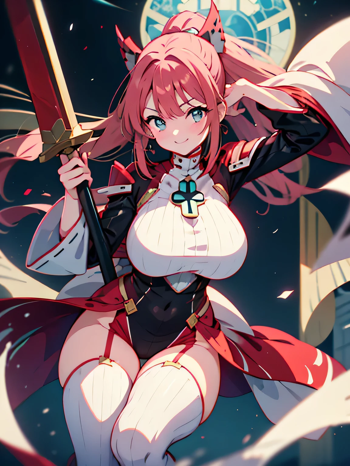 Anime illustration、highest quality、Fantasy、Voluptuous Gal Shrine Maiden Samurai、Large Torii Gate、Crimson bodysuit、Perfect proportions、Red Hair、Xenoblade Chronicles 2、Homura、Overwhelming big、Thick legs、Beautiful, shining eyes、smile、Noise Reduction