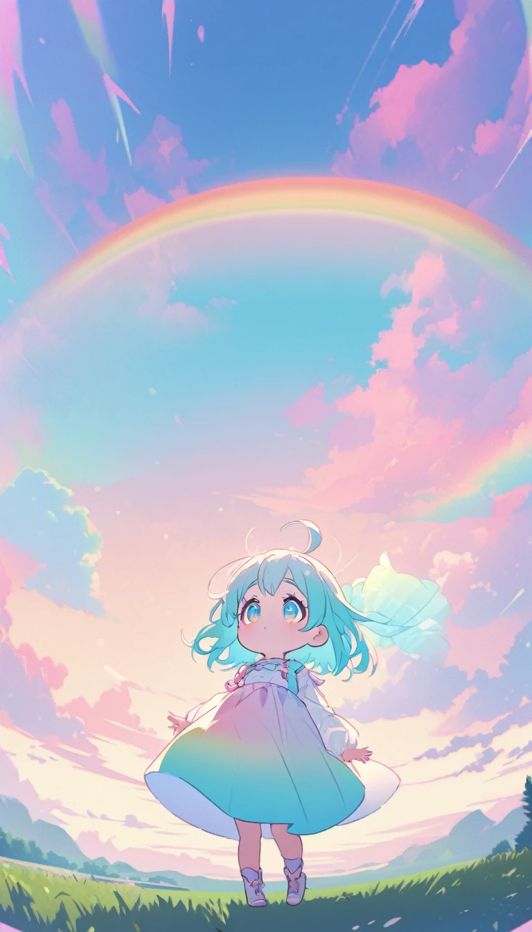 pastel color、Wide-angle shot, Long Shot, Full Body Shot, pastel color, Create a high-quality transparent rainbow over a summer landscape in RPG (role-playing game) 2D view、A large colorful parrot flying in the sky, Girl looking up at the sky,Look up、Big eyes、Long eyelashes、cute、Delicate makeup