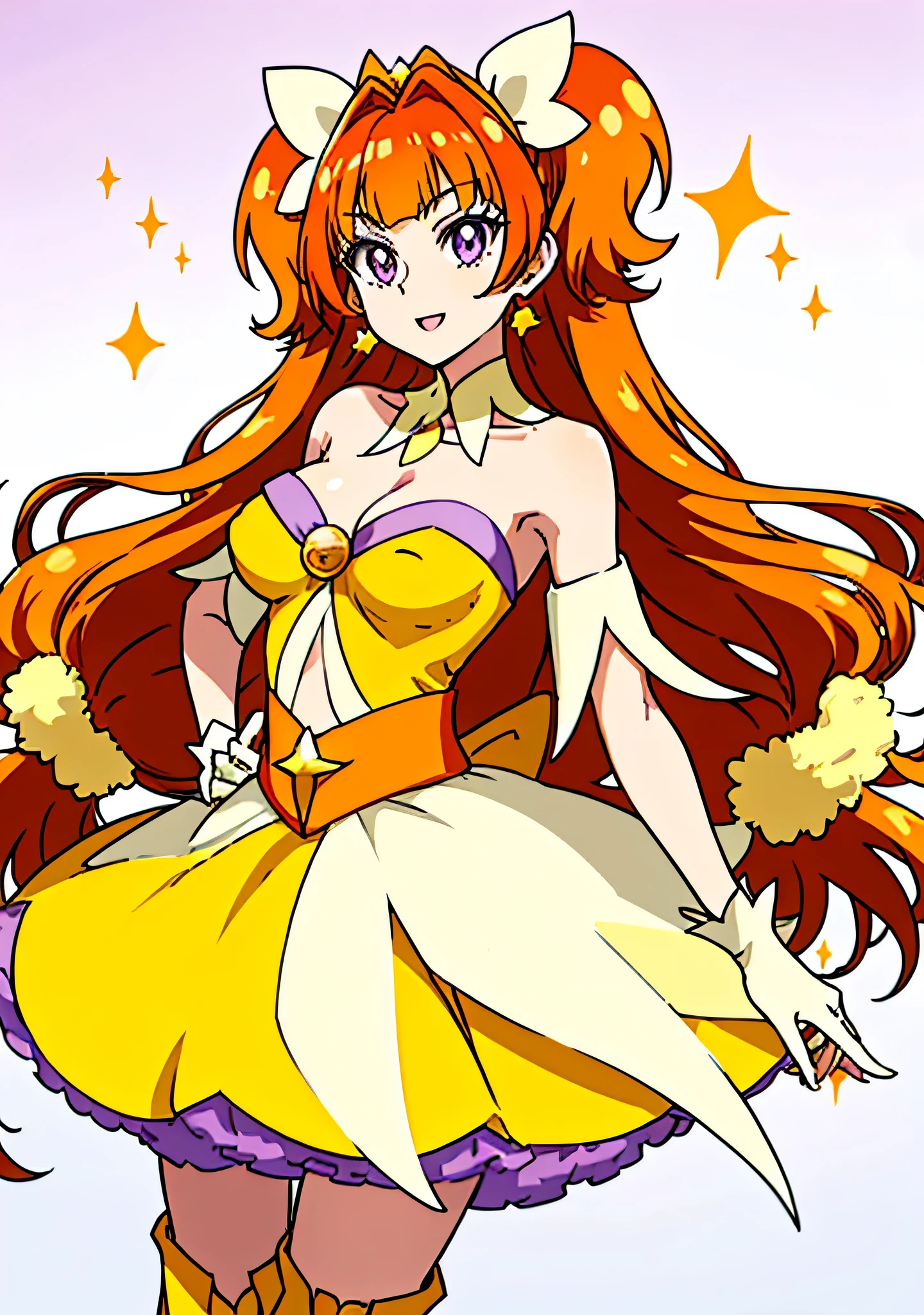 Cartoon image of a woman in an orange, yellow and purple dress、She has orange-brown half-pigtails.、A woman with long orange hair with a brown gradient、Purple eyed woman、Official Art、Sparkling Magical Girl、Official artwork、Anime Princess、Headquarters artwork、Sexy vibe、Big Breasts、cleavage、Very large breasts、Symphogear Flavor、sexy anime women、Fan art、Tall Woman、A woman is standing、Muscular Woman、Beautiful、Orange and yellow and purple costumes、JewelryBrooch、strapless dress、Purple mini skirt with yellow ruffle layers、V-line around the waist、Dress Up Darling Anime、Separated collar、Bare shoulders、Pale yellow gloves、Pale yellow knee-high boots、Promotional Art、Full body close-up、looking at viewer、Anime Beautiful Girl、Cowboy Shot、Women in focus、solo、perfect body、perfect hands、