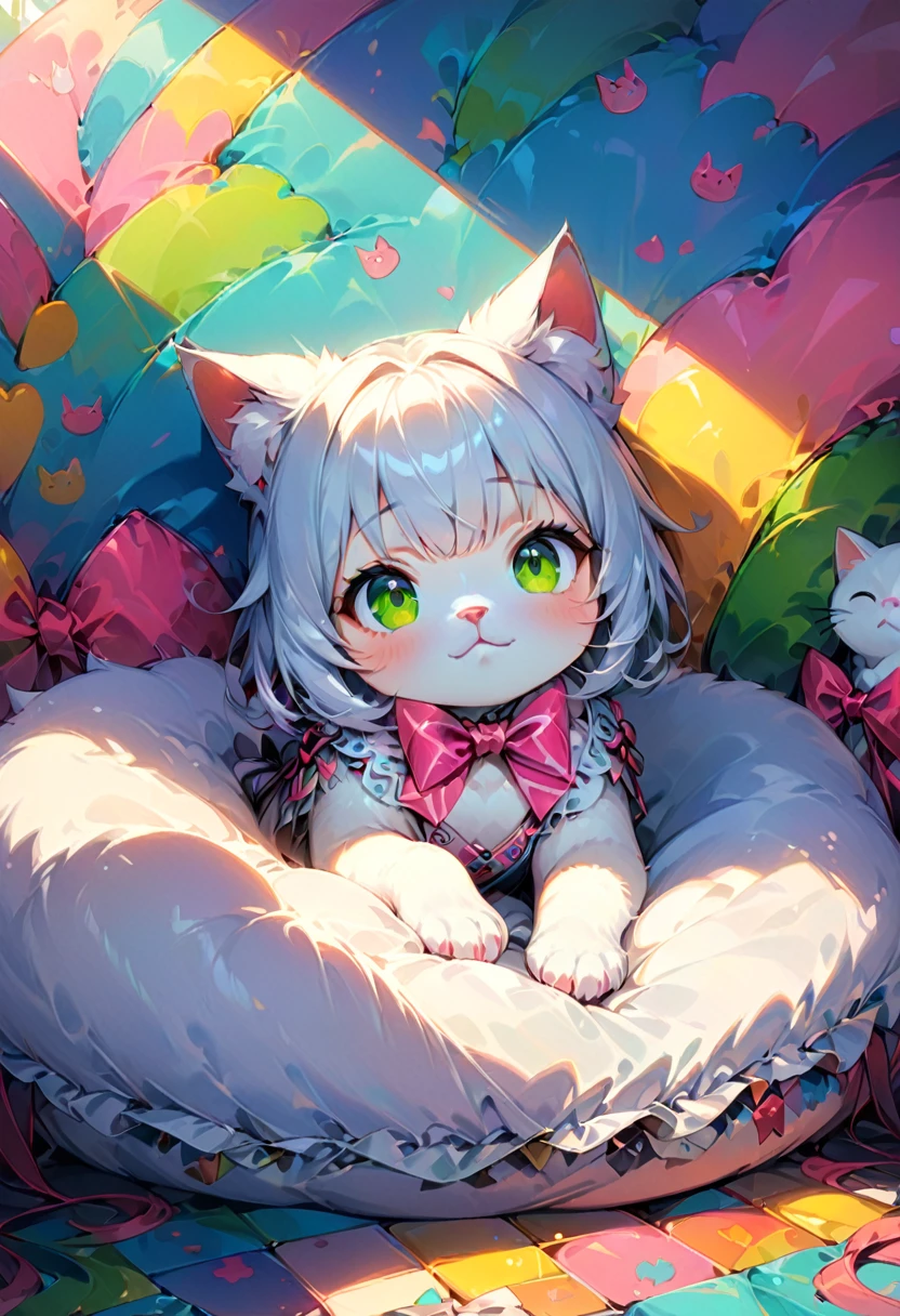 A cute, small cat sits on a soft, fluffy pillow in front of a bright, colorful wall with cartoon-like drawings and playful patterns. The cat has bright green eyes and a little pink nose, wearing a tiny bow tie made of ribbons. Its fur is smooth and silky, with a subtle sheen in the sunlight, (masterpiece, best quality, Professional, perfect composition, very aesthetic, absurdres, ultra-detailed, intricate details:1.3)