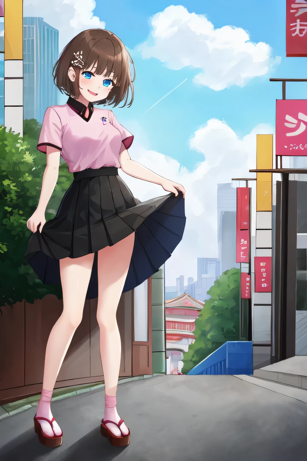 siesta,1girl, short hair, bangs, blue eyes, hair ornament, brown hair, smile, pink shirt, short sleeves, black skirt , uniform Japanese, full body, shoes, outdoors, cityscape, looking at viewer, lift skirt, show from down to up
