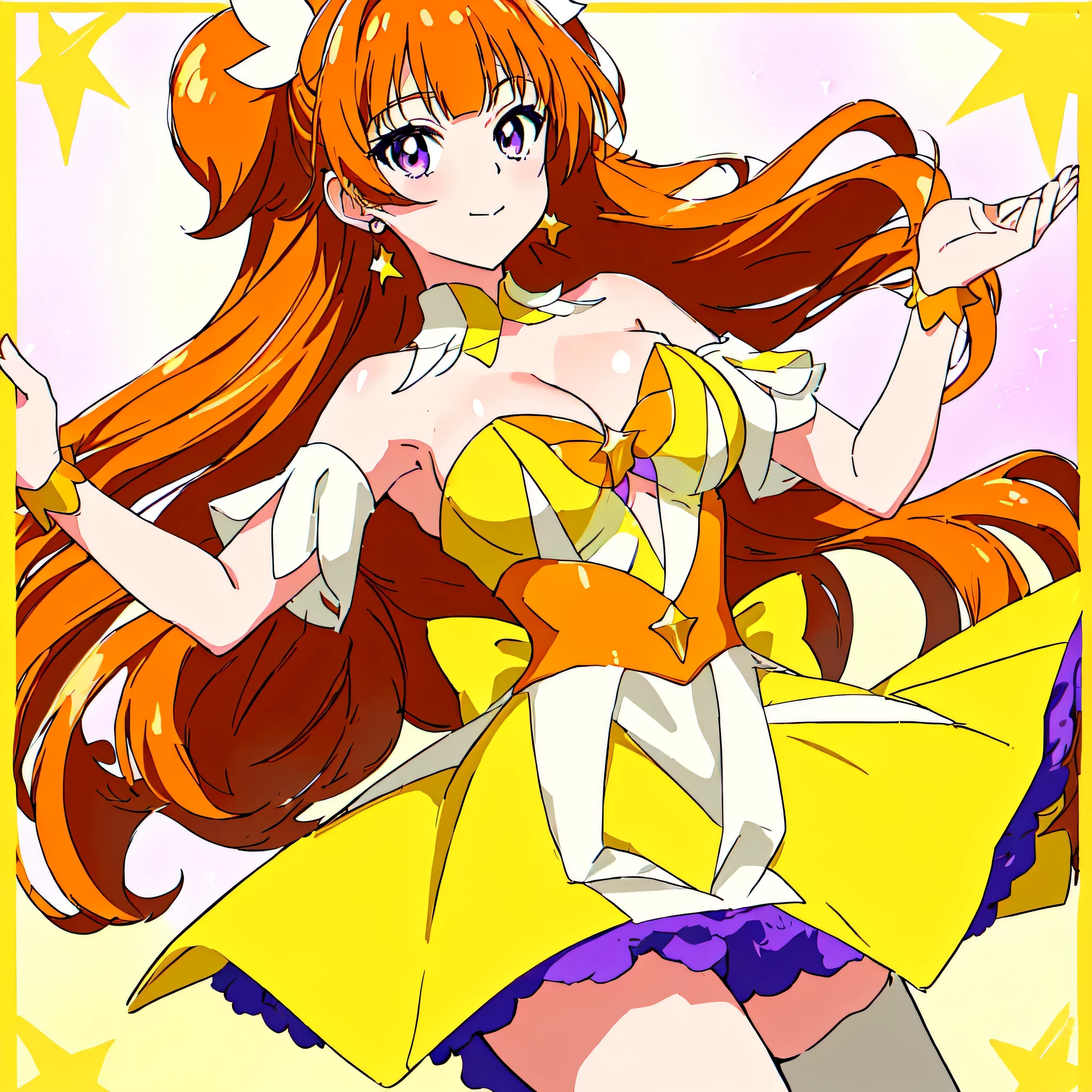 Close-up of a cartoon female character in a dress、solo、Orange-brown hair、Half twin tail hair、Purple Eyes、Long two-side updo with back hair、High quality artwork、Sparkling Magical Girl、Official Art、Cool women、Anime Princess、Official Artワーク、Dress Up Darling Anime、Orange and yellow costume、Muscular Woman、Sexy vibe、Official Anime Artwork、1024x1024、Glowing Skin、Bare shoulders、JewelryBrooch、Bare Arms、Bare neck circumference、Bare chest、Big Breasts、cleavage、Very large breasts、Purple mini skirt with yellow frills、Shoulder Strapless Dresagic Girl、Pale orange thigh-high boots、Fan art、beautiful、looking at viewer、Cowboy Shot、