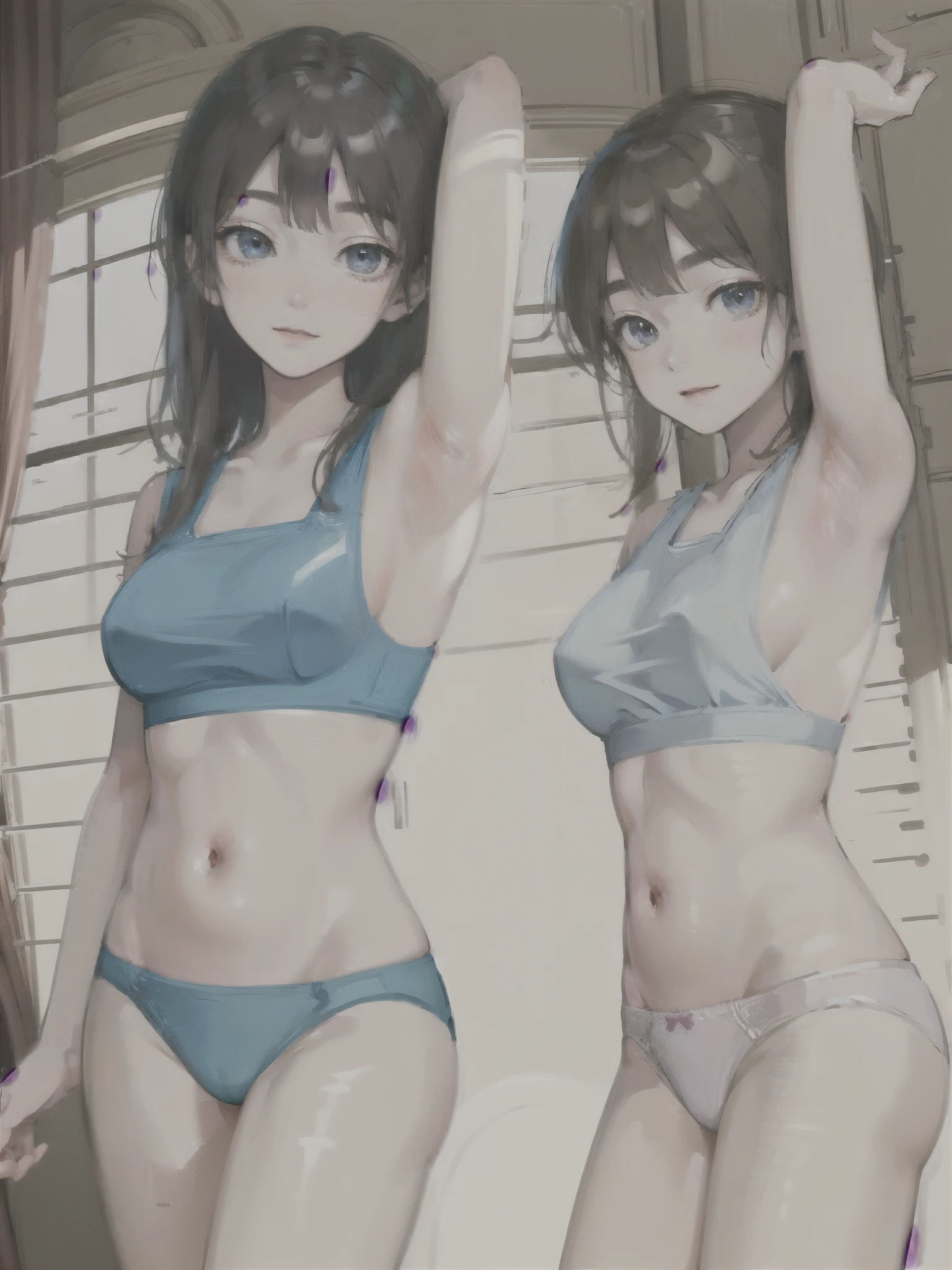 from left to right girls line up in panties, colours from left to right blue red pink purple yellow green, close up of panties, cute panties, orange panties, brown panties, white panties, armpits, detailed armpits