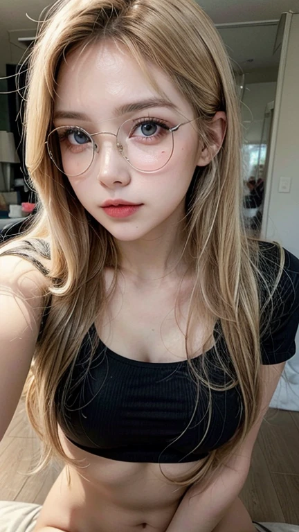 Close-up selfie of a cute girl with long blond hair, large circular glasses, and make-up. She has a short and skinny body and large beautiful brown eyes. She is perfection.