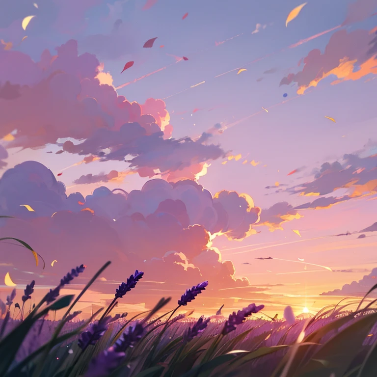 Grassy field of lavender roses at sunset, pink clouds, birds are flying far away, flower petals are flowing in a slight breeze