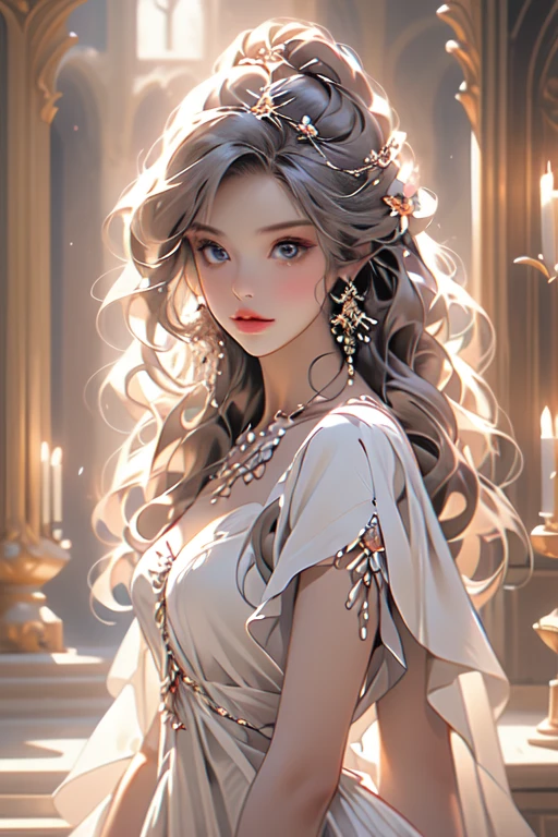 Fantasy, red blue, flowers, girl, long pale blonde wavy hair, lilac eyes, in a white light fantasy dress, crystal jewelry, bright halls of the castle, hd