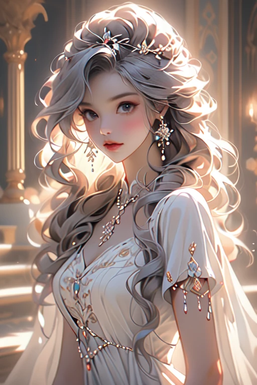 Fantasy, red blue, flowers, girl, long pale blonde wavy hair, lilac eyes, in a white light fantasy dress, crystal jewelry, bright halls of the castle, hd